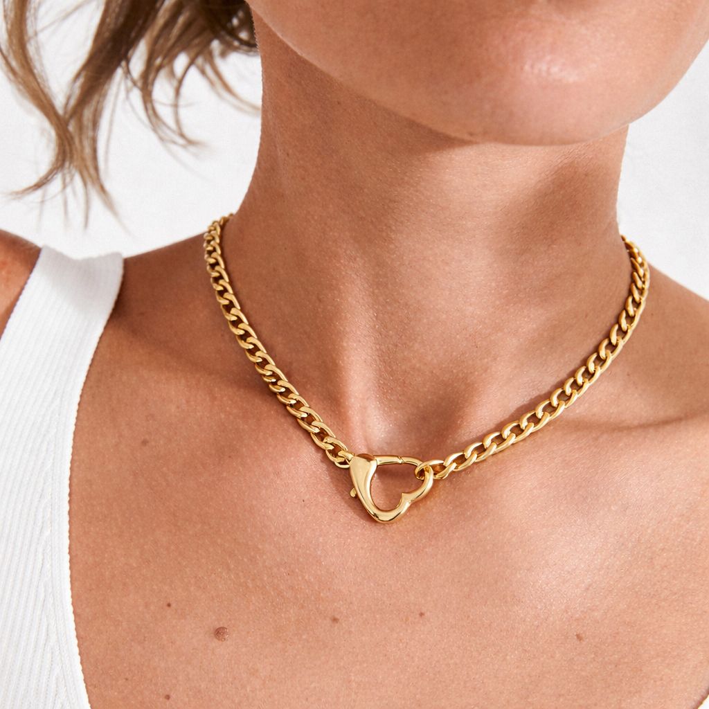 Gold heart clasp cuban chain necklace