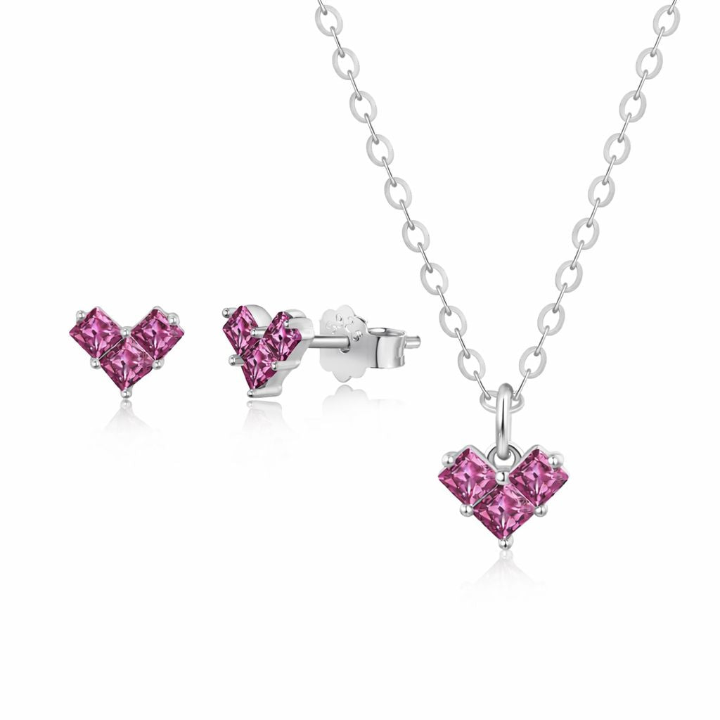 Silver stud earrings with pink square stones worn on ear, minimal dainty jewelry