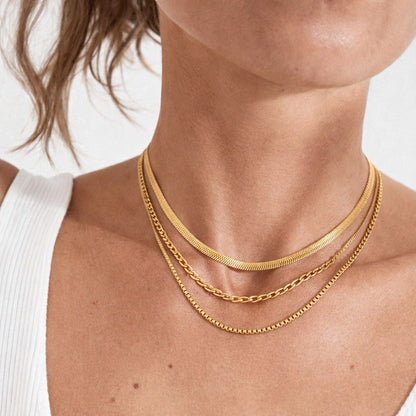 Layered 3-in-1 gold necklace with herringbone, figaro, and box chains worn on model neck