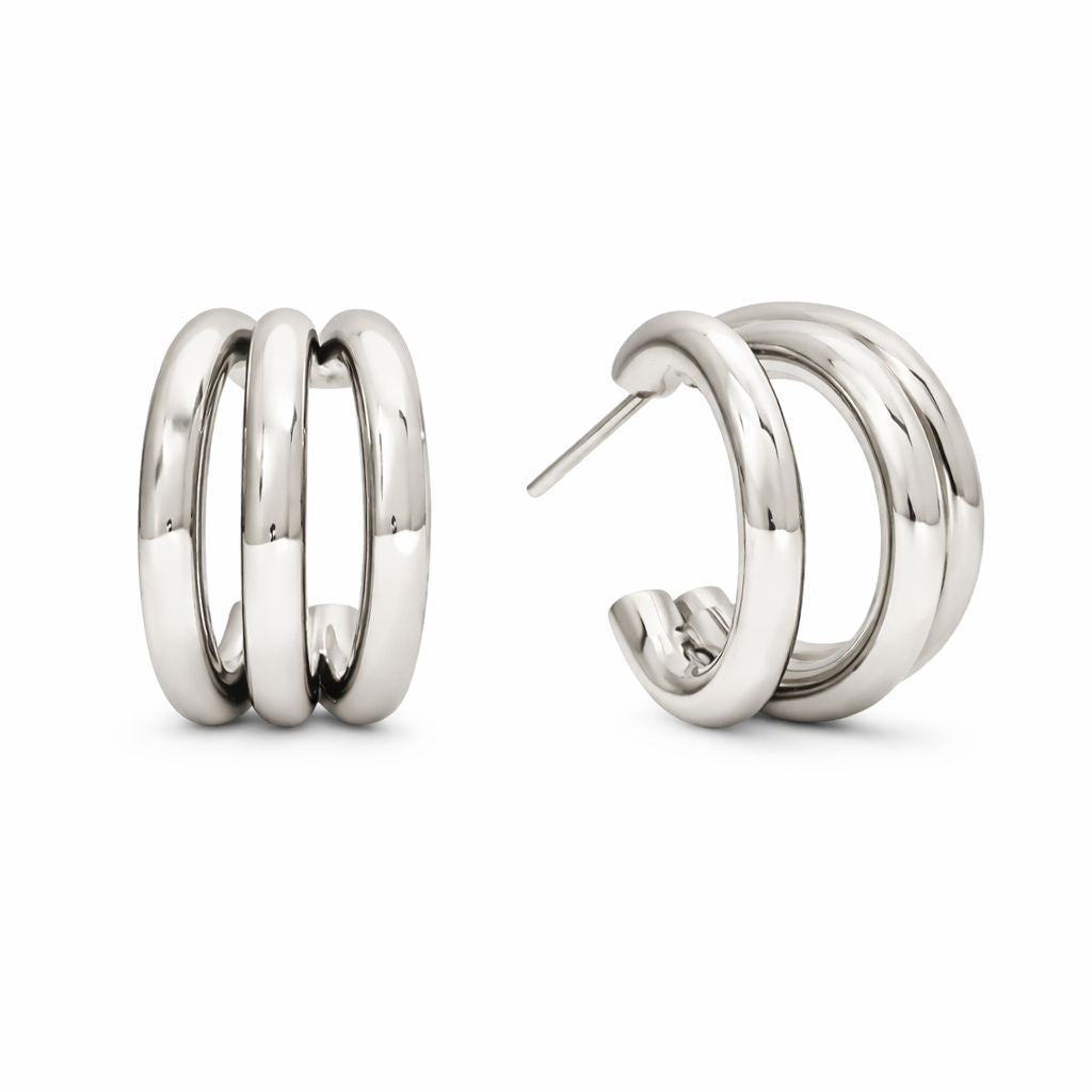 Polished silver double hoop earrings with a minimalist stacked design by Amorin Jewelry