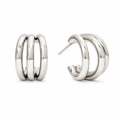 Polished silver double hoop earrings with a minimalist stacked design by Amorin Jewelry