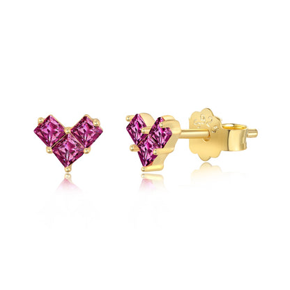 Pink heart stud earrings in gold vermeil 
