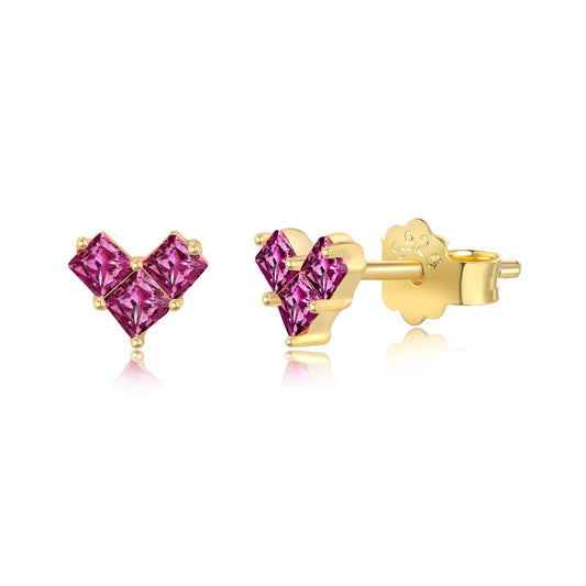 Pink heart stud earrings in gold vermeil 
