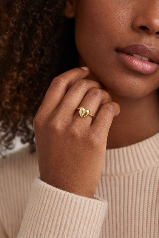 Hypoallergenic stainless steel gold heart ring close up