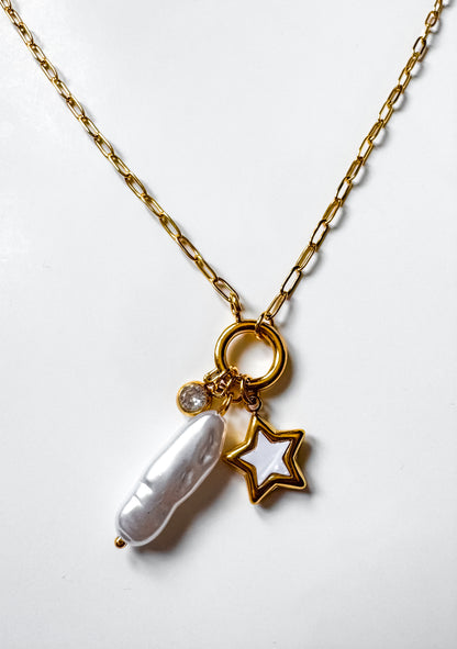The Moments Chain — Irregular Pearl, Zircon & Star Charm Necklace