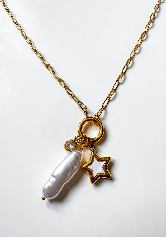 The Moments Chain — Irregular Pearl, Zircon & Star Charm Necklace