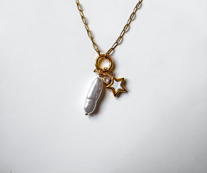 The Moments Chain — Irregular Pearl, Zircon & Star Charm Necklace
